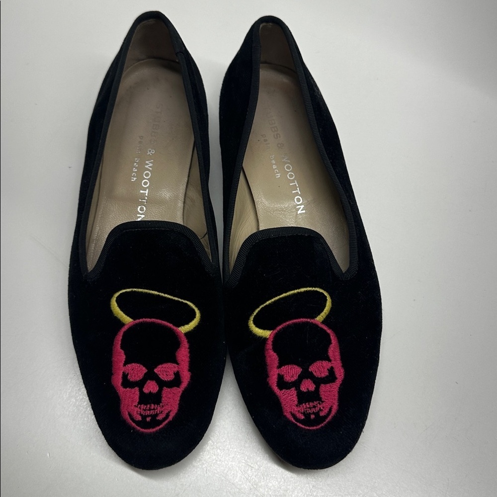 Stubbs & Wootton Loafer Flats Slip On Velvet Shoes Skull Angel Halo Black Size 7